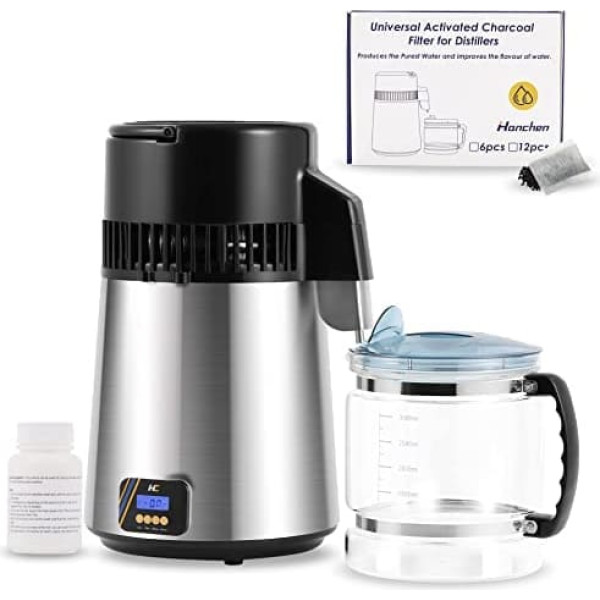 Hanchen Water Distiller, Digital Water Distiller, 1L/H Distilled Water, 750 W Stainless Steel Distiller System with Glass Jug, Time-Controlled Water Distillers