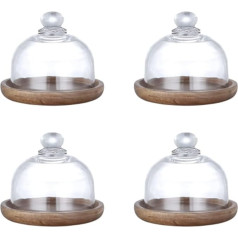 Multifunctional Mini Dessert Serving Stand Acacia Cake Mould with Dome Lid Plate Cake Plate for Home Hotels 10.5 x 9.5 cm (Pack of 4)