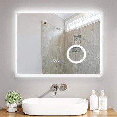 LED Bathroom Mirror with 4 mm Copper-Free, 80 x 60 x 3.5 cm Mirror with Lighting, 3 Colours, Dimmable, Mirror Lighting, Time Display, Anti-Fog Socket, 5-Way Magnifier Touch Switch