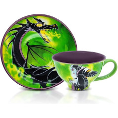 Silver Buffalo Disney Sleeping Beauty Maleficent Ceramic Tea Cup and Saucer with Maleficent, Diablo and Maleficent Dragon Shaped 12oz