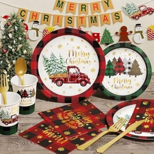 80pcs Christmas Party Tableware Set for 20 Guests, Plates, Napkins, Paper Cups, Christmas Tableware Dinner Service Xmas Decoration Party Accessories Paper Plates Table Cloth Children Family Theme