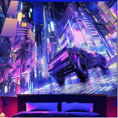 Neon Anime Car Tapestry, Futuristic City Wall Hanging, Punk Aesthetic Decoration for Bedroom, Dorm, Living Room, Anime Room Decor, 51 x 60 Inch