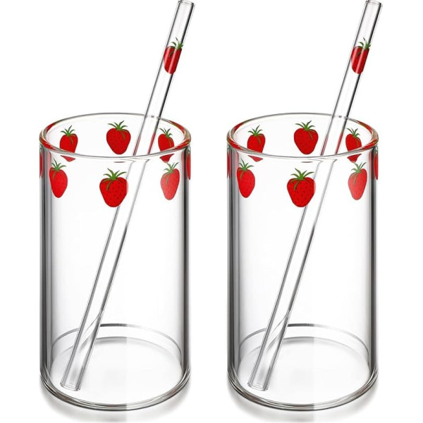 2 Sets Strawberry Glass Yoghurt Bowl Breakfast Glasses Sippy Cup with Straw Clear Glass Concentrate Container Clear Glasses Milk Cup Decorative Glass Water Cup Milk Cup Glass