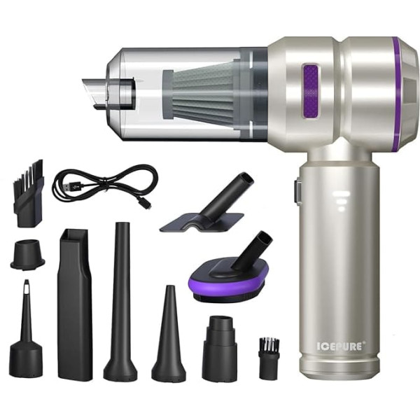 ICEPURE Handheld Vacuum Cleaner Battery, 18000 Pa Suction Power, 6000 mAh, 4-in-1 Mini Vacuum Cleaner, Brushless Motor, 3 Levels Suction Power, Accessories for Car, Home, Office, Pets, with Storage