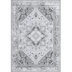 Adirondack Collection Rug, Oriental Medallion Design, Lint-Free and Easy Care, Ideal for Highly Frequent Areas in the Living Room, Bedroom, Home Office, Grey, 80 x 150 cm