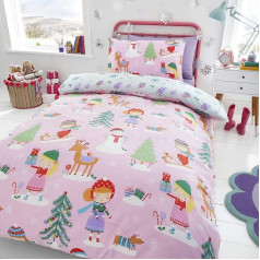 Happy Linen Company Girls Festive Christmas Tree Ice Skating Sausage Dog Pink Single Reversible Duvet Cover Bedding Set