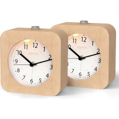 Analogue Alarm Clock, No Ticking, Pack of 2, Wooden Alarm Clock with Snooze, Bedside Table Clock with Night Light, Battery Operated (1 x AA Battery Required, Not Included, Natural Wood in