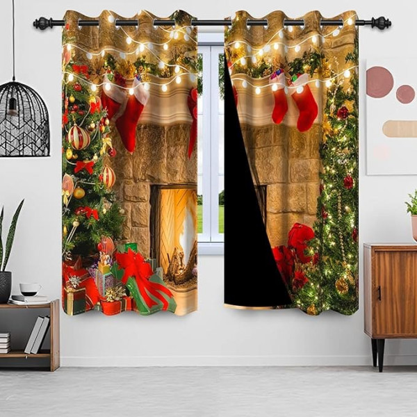 Christmas Curtains, Uiiooazy Curtains, Green Christmas Tree, Red Christmas Socks, Fireplace Pattern, Thermal Curtain, Opaque Blackout Curtains with Eyelets for Bedroom, Living Room, Set of 2, 140 W x