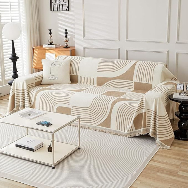 Boho-Sofabezug, haustierfreundlich, Chenille-Couchbezug, wendbarer Sofa-Schonbezug, geometrisches Muster, L-förmig, Zweisitzer, 2-, 3- oder 4-Sitzer mit Quaste (180 x 260 cm, Khaki)