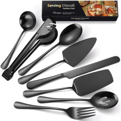 AARAINBOW Serving Utensils Set of 8, Large Cutlery Serving Set with Serving Spoon, Salad Tongs, Cake Spatula, Hotel Home Salad Servers, Stainless Steel Cutlery Sets for Buffet Banquet (8 Black)