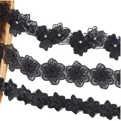 3 Pieces 3 Styles Black Flowers Lace Trim Vintage Ribbon Floral Embellishments Fabric Embroidered Beads Applique Ribbons for Sewing Making Wedding Dresses Embellishments DIY Craft Decoration
