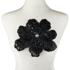 1 x 3D-Spitzen-Pailletten-Blume, Strass, Perlen, zum Aufnähen, bestickte Spitzenapplikation, Kleidung, Hochzeitskleid, Nähapplikation, Blume, schwarz, 20 x 17 cm