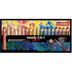 STABILO - Buntstift, Wasserfarbe & Wachsmalkreide - woody 3 in 1 - ARTY - 18er Pack mit Spitzer und Pinsel - mit 18 verschiedenen Farben