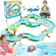 BuzzoXerex Waterway, 2-in-1 Water Table Toy, 71 Pieces Beach Toy Waterway Children Outdoor Set with 2 Boats, 6 Animal Figures, 2 Fishing Machines and 2 Fishing Rods for 3+ Years (2)