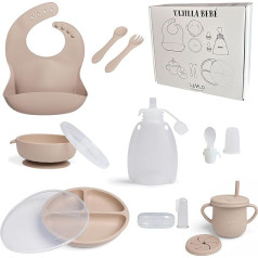 Silicone Baby Tableware Sand - 10 Piece Set with Divided Plate, Bowl, Leakproof Cup, Bib, Spoon, Fork, Dosing Bottle + Spoon - BPA Free - Ideal Gift Box