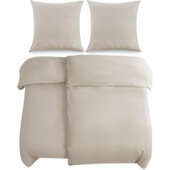 ATsense 4-Piece Cotton Bed Linen Set with Zip, 2 Soft Duvet Covers Measuring 135 x 200 cm and 2 Pillowcases Measuring 80 x 80 cm, Beige