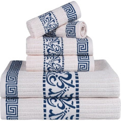 Superior 6 Piece Towel Set Greek Pattern Absorbent Premium Cotton Bathroom Spa Decor Includes 2 Hand Athens Collection Ivory Navy