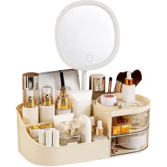 DASITON Make up organiser with mirror, make-up brush holder with 2 drawers, multifunctional make-up organisers, cosmetic storage, large cosmetic make-up organiser for bedroom, bathroom (cream)