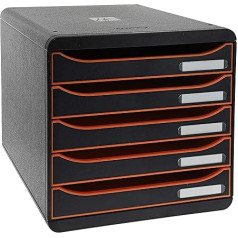 Exacompta 309988D Premium Storage Box with 5 Drawers for DIN A4+ Documents. Stackable Drawer Box with High Capacity for More Desk Space, Big Box Plus Black Office, Mandarin