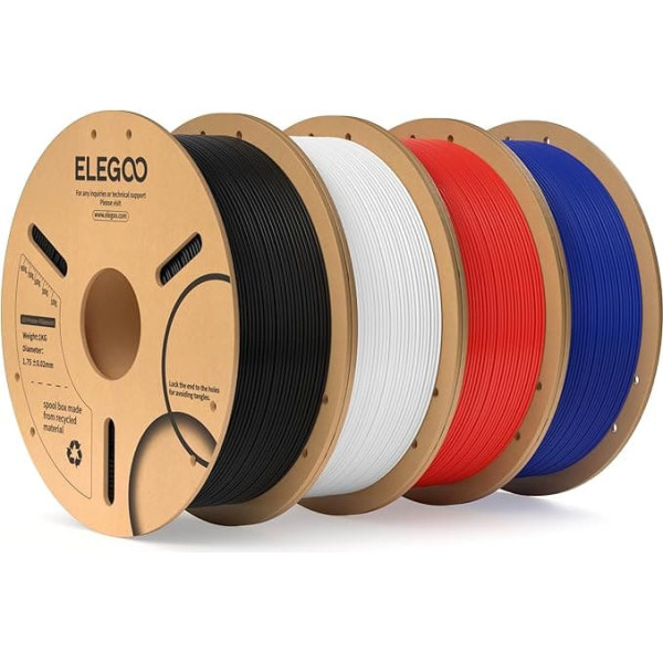 ELEGOO PLA Filament 1.75 mm Bundle 4 kg, 3D Printer Filament Dimensional Accuracy +/- 0.02 mm, 4 kg Cardboard Spool Filament, 3D Printing Materials, Fits Most FDM 3D Printers