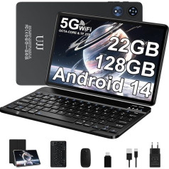 2025 Latest Tablet 10.1 Inch Android 14 Octa-Core 22GB RAM + 128GB ROM (2TB TF), Widevine L1, 5G + 2.4G WiFi, GMS, BT 5.0, 8000mAh, 8+5MP, 1280 x 800, Face ID, GPS, Type C, Tablet with Keyboard, Mouse