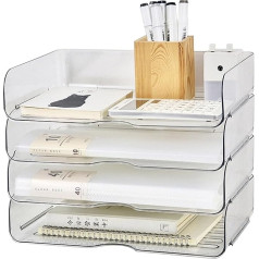 Whemyreat 4-Tier Letter Tray Transparent, Acrylic Stackable Storage Basket for A4, Robust and Stackable, Document Tray Made of PET Plastic, Letter Tray for Home, Office, School, Paper Tray, 33 x 25 x