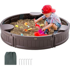 VEVOR Sandpit with Cover, Round Sandpit, HDPE Sand Pit with 3 Corner Seats & Floor Liner, Kids Sandpit for Garden, Beach, for Boys & Girls Aged 3-12 Years, Brown