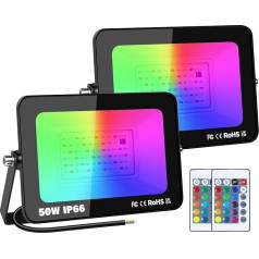 Willpower 2 x RGB LED Spotlight with Remote Control, 50 W, 5000 LM, LED Floodlight with Memory Function, Dimmable Colour Changing, 16 Colours, 4 Modes, IP66 Waterproof LED Floodlight for Outdoor