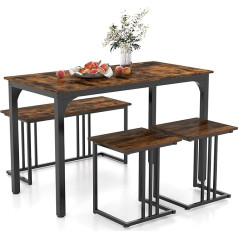 COSTWAY Dining Table with Bench & 2 Stools, Set of 4 Kitchen Tables, Industrial Dining Set for Kitchen, Dining Room, Restaurant, Bar Table with Chairs, Vintage Seating Set (120 x 60 x 75 cm, Brown)