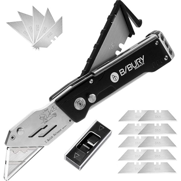 BIBURY Utility Knife, Portable Carpet Knife, Foldable Utility Knife with 15 Extra SK5 Stainless Steel Blades and Blade Storage, Universal Folding Knife Metal for Carpet, Cardboard and Wallpaper