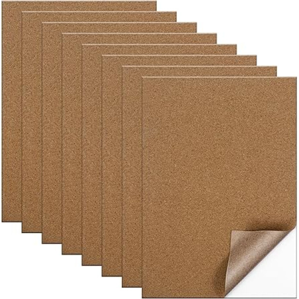 Pack of 8 Thin Self-Adhesive Cork Panels for the Wall, Cork Mat, Cork Wall, Cork Coasters, Cork Wall, for DIY Handmade Floors, Walls, Decorative Coasters, 29.7 x 21 cm