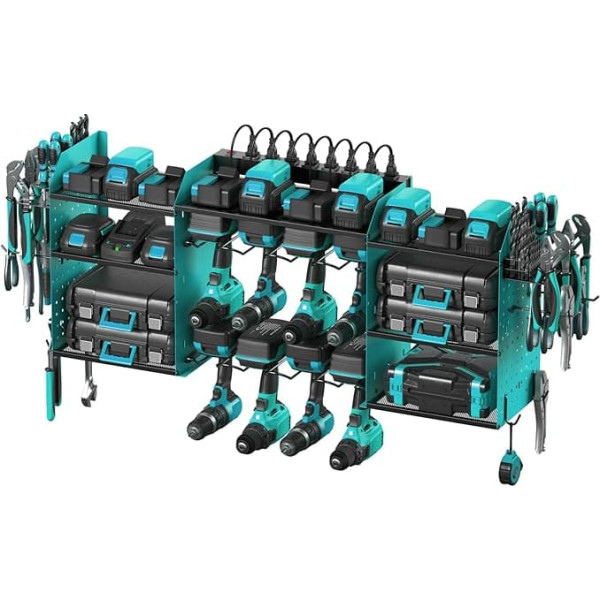 CCCEI Blue Large Tools Organiser Wall Mount Charging Station, 39 Inch Long Power Tool Battery Storage Rack with 10FT Power Strip.8 Drill Holder, Garage Utility Shelves. Pegboard Hanging Extension
