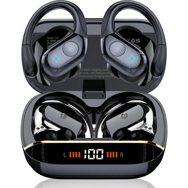Bluetooth Headphones Sport, 75H, In-Ear Headphones Wireless Bluetooth 5.4, HiFi Stereo, Earphones with 4 HD ENC Mic, LED Display, IP7 Waterproof Wireless Headset with Ear Hooks, for Jogging / Work