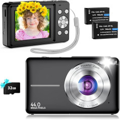 Digital Camera Compact Photo Camera 44MP Compact Digital Cameras with 1080P HD Video, 32GB TF Card, 2.4 Inch IPS Screen, Two Batteries, 20 Filters, Anti-Shake for Children, Teenagers, Beginners, Black