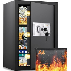 Mejasg 75L Fireproof Safe with Fireproof Document Bag & 2 Removable Shelves, Large Furniture Safe with Alarm System, Digital Cabinet Safe for Home, Cash, Jewellery, Medication, A4 Documents