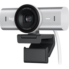 Logitech MX Brio Ultra HD 4K Collaboration and Streaming Webcam, 1080p at 60 FPS, Dual Noise Reducing Mics, Show Mode, USB-C, Webcam Cover, Works with Microsoft Teams, Zoom, Google Meet, Pale Grey