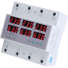 DIN Rail Voltmeter Ammeter, 3 Phases, with Digital Display Screen, Automatic Reset, Tester Meter, Surge Protection, Overcurrent Protection, AC 390-500V (40A)