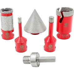 FOCSTOL Diamond Tile Drill Bit Set - Tile Drill Bits Set for Tiles Porcelain Ceramic Marble 6 Pieces (6/8/35 mm + 50 mm Chamfer Drill + 25 mm Drilling Finger Mill + Adapter)