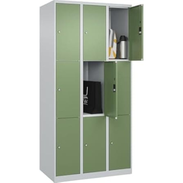 C + P Möbelsysteme C+P | 3er-Schließfachschrank Classic Plus | 3 Abteile | lichtgrau/resedagrün | B 900 mm | 9 Fächer | mit Bodengleitern