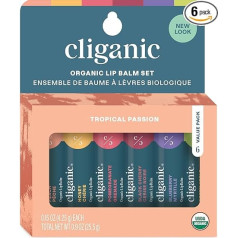 Cliganic Organic Lip Balm Set Tropical 6 Pieces - Natural Moisturising Cream for Dry Lips - Hypoallergenic for Lip Care