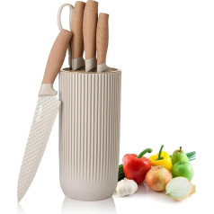 Knife Set with Knife Block Set, Round, 6-Piece Professional Kitchen Knife Set, Super Sharp Knife Set with Scissors and Ergonomic Handle, Non-Stick Stainless Steel Knife Block Set for Home, Restaurant,