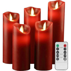Yiwer LED Candles, Flame-less Candles, 12 / 15 / 17 / 20 / 22 cm Set of 5 Real Wax Candles with Realistic Dancing LED Flames and 10-Button Remote Control with 2 / 4 / 6 / 8 Hour Timer, 300+ Hours (Red, 5 ×1)