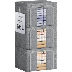 Eyeleaf Foldable Clothes Storage with Zip & Metal Frame, Moisture-resistant Storage Box, 66L Linen Fabric Material, Sturdy Organiser for Clothes, Picking Up Bed Linen