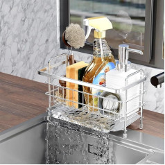 PAVSTINE Kitchen Sink Organiser with Drip Tray, Sink Organiser 304 Stainless Steel, Sponge Holder Sink Organiser Walls and Worktop Dual-Use, Easy to Clean Kitchen Organiser (Silver)