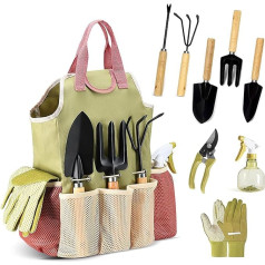 Garden Tool Set, 9 Pieces Garden Tools with Garden Tools Organiser Handbag, Garden Shovel with Wooden Handle, Flower Scissors, Garden Claw, Gifts for Garden Lovers, Garden Gifts for Women