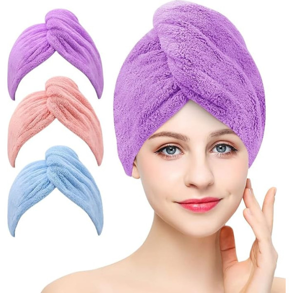 BEoffer Microfiber Hair Towel, 3 Packs Hair Turbans for Women Men Kids Quick Dry for Curly Long Curly Hair Anti Frizz (Purple+Pink+Blue)