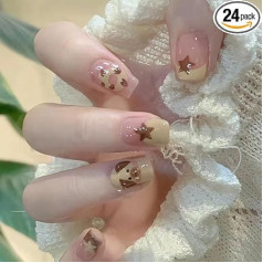 24 Pieces Short Square False Donut Start Nails, Cute Dog Stick On Nails: Nude & Pink, Press On Nails, Remove Glue On Full Coverage, Fake Nails, Bridal