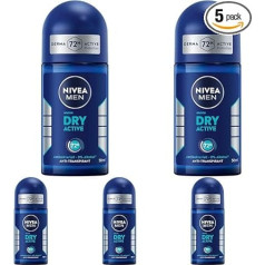 NIVEA MEN Dry Active Roll-On Deodorant, Effective Antiperspirant with 72 Hours Protection for a Dry Skin Feeling, Antibacterial Deodorant with Dual Active Formula (50 ml) (Pack of 5)