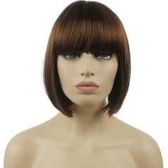 Lydell 8 Inch Straight Short Bob Hair Flat Bangs Cute Central Point Heat Resistant Synthetic Wig Medium Chestnut Brown