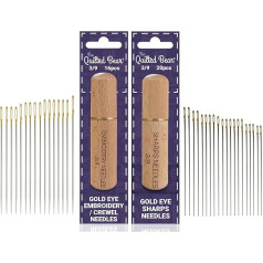 The Quilted Bear Gold Eye Crewel & Sharps Nähnadel-Set – 16 Crewel-Nadeln zum Sticken und 20 scharfe Handnähnadeln, beide in einem hochwertigen gravierten Holzetui zum Sticken und Handnähen
